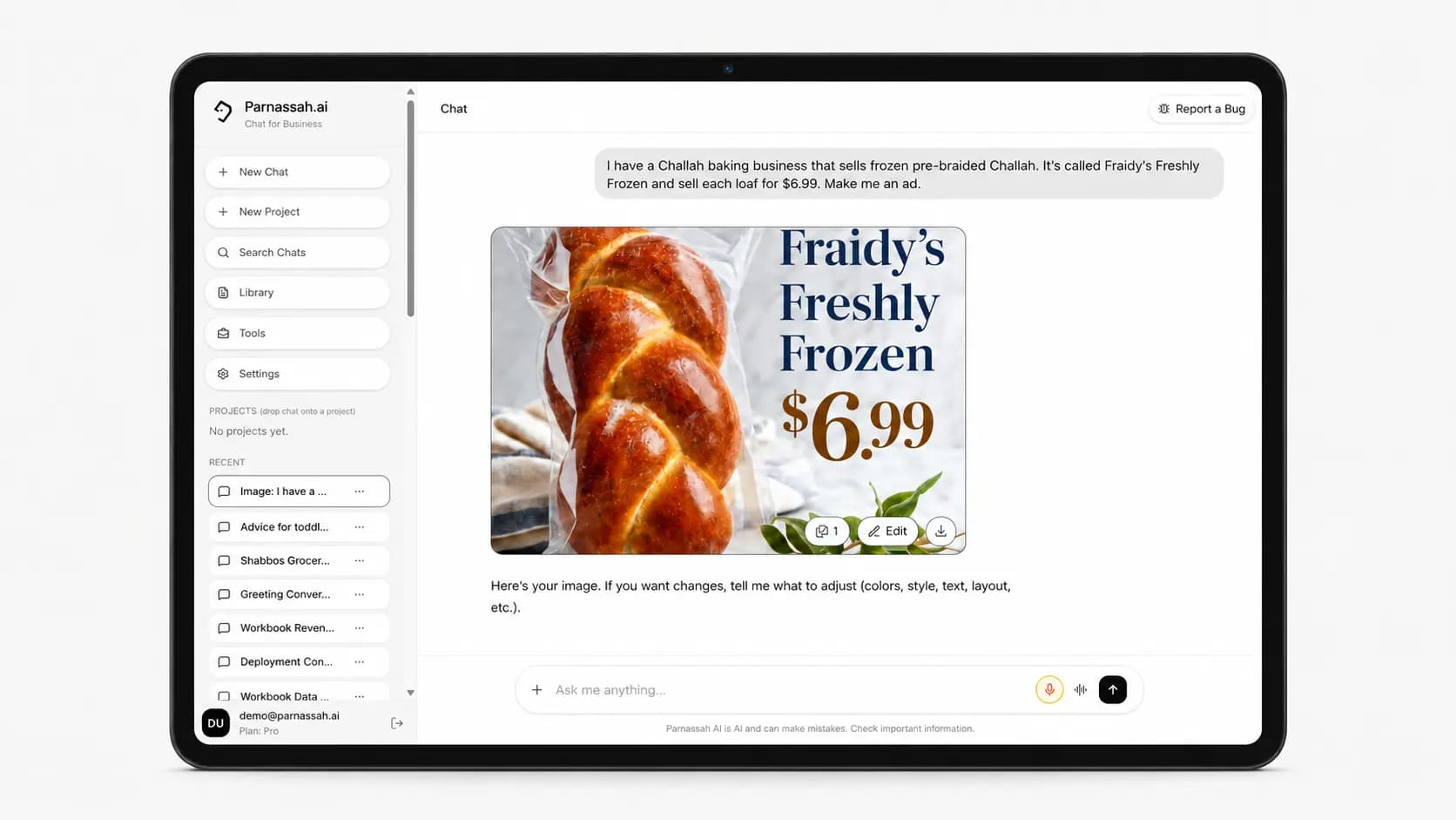 Parnassah.ai chat generating a polished product advertisement